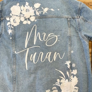 CUSTOM Embroidered Women's Relaxed Fit White Floral Denim Jean Jacket __ Bridal Jacket __ Bride Jacket image 7