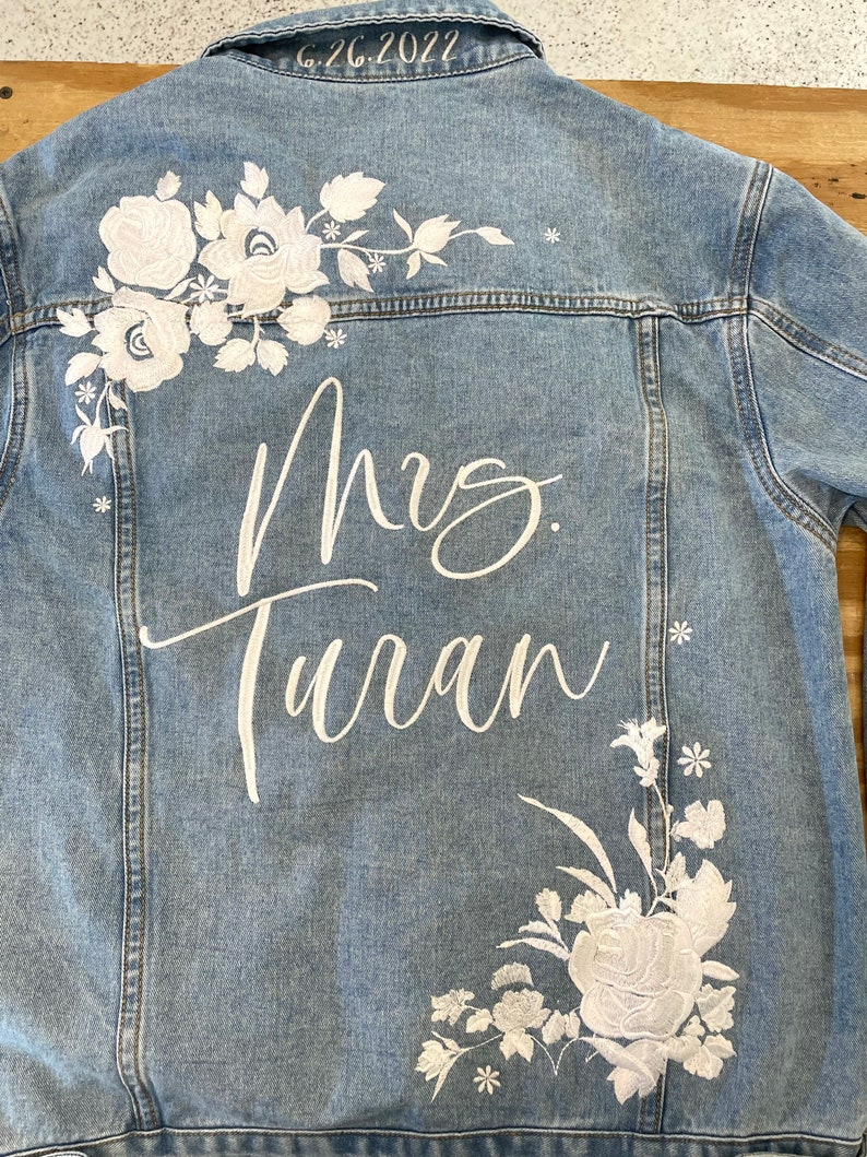 CUSTOM Embroidered Women's Relaxed Fit White Floral Denim Jean Jacket __ Bridal Jacket __ Bride Jacket image 7