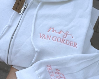 Personalized Embroidered Mrs. & Wedding Date Women's White Zip Up Sweatshirt