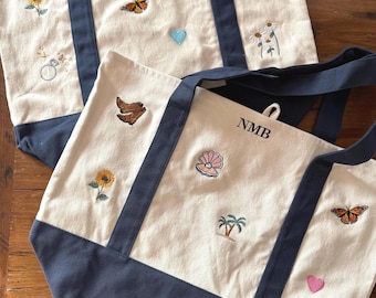 CUSTOM Embroidered Large Style Tote Bag With Initials and Icons