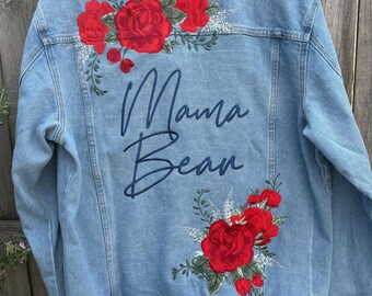 Custom Embroidered Denim Jacket: Red Roses Bridal Jean Jacket - Etsy