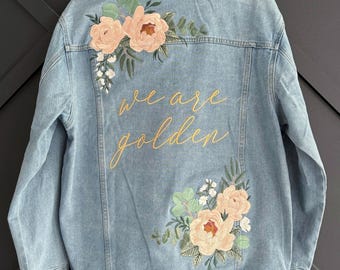 Custom Embroidered Denim Jacket: Blush Pink Peony Floral Bridal Jacket