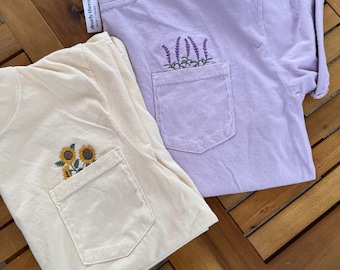 Embroidered Sunflower Lavender Comfort Colors Pocket Tee