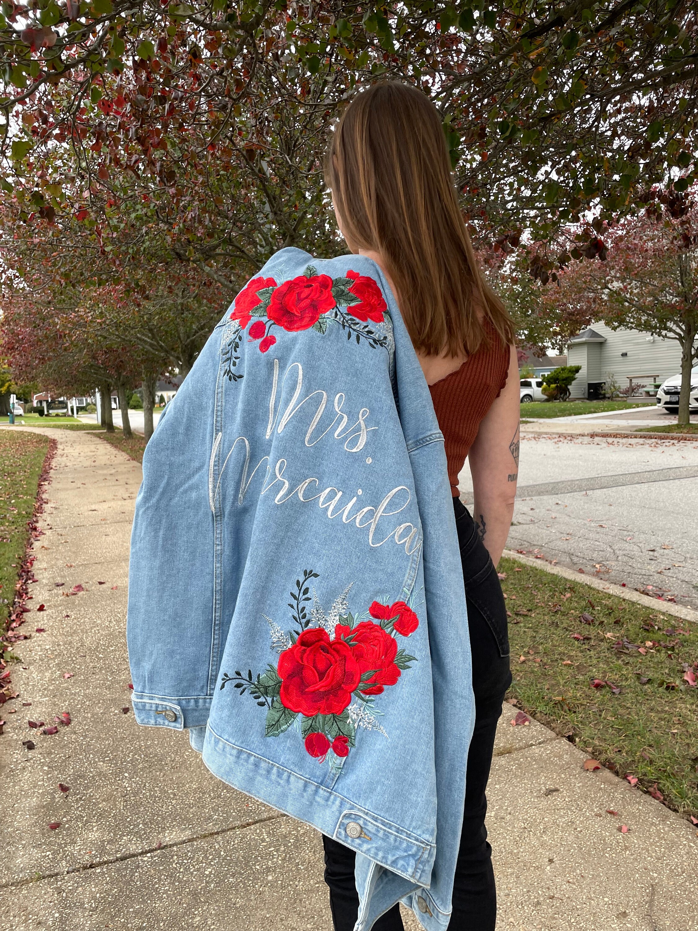 Custom Embroidered Denim Jacket: Red Roses Bridal Jean Jacket - Etsy