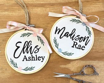 Custom Embroidered Baby Name Announcement Ornament, 4in Hoop