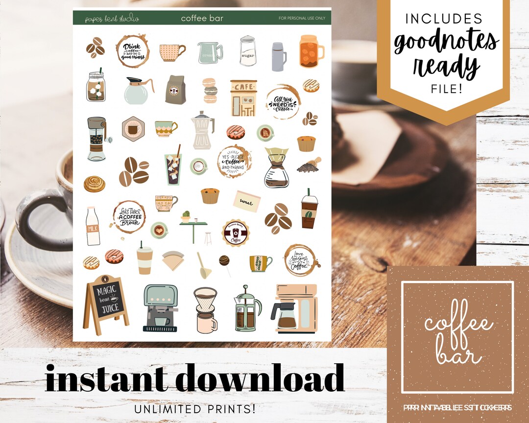 Coffee Bar Stickers Digital Printable Goodnotes Cozy, Neutral Coffee