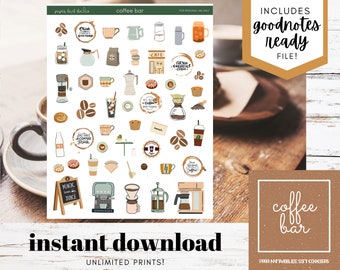 Coffee Bar Stickers | Digital + Printable + Goodnotes | Cozy, Neutral Coffee Shop Decorative Stickers | INSTANT DIGITAL DOWNLOAD