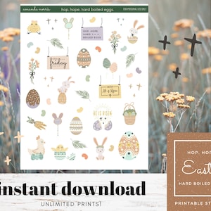 Printable EASTER Planner Stickers | "He Is Risen", Easter Eggs, Easter Basket, Easter Bunny, Jelly Beans, Religious | INSTANT DOWNLOAD