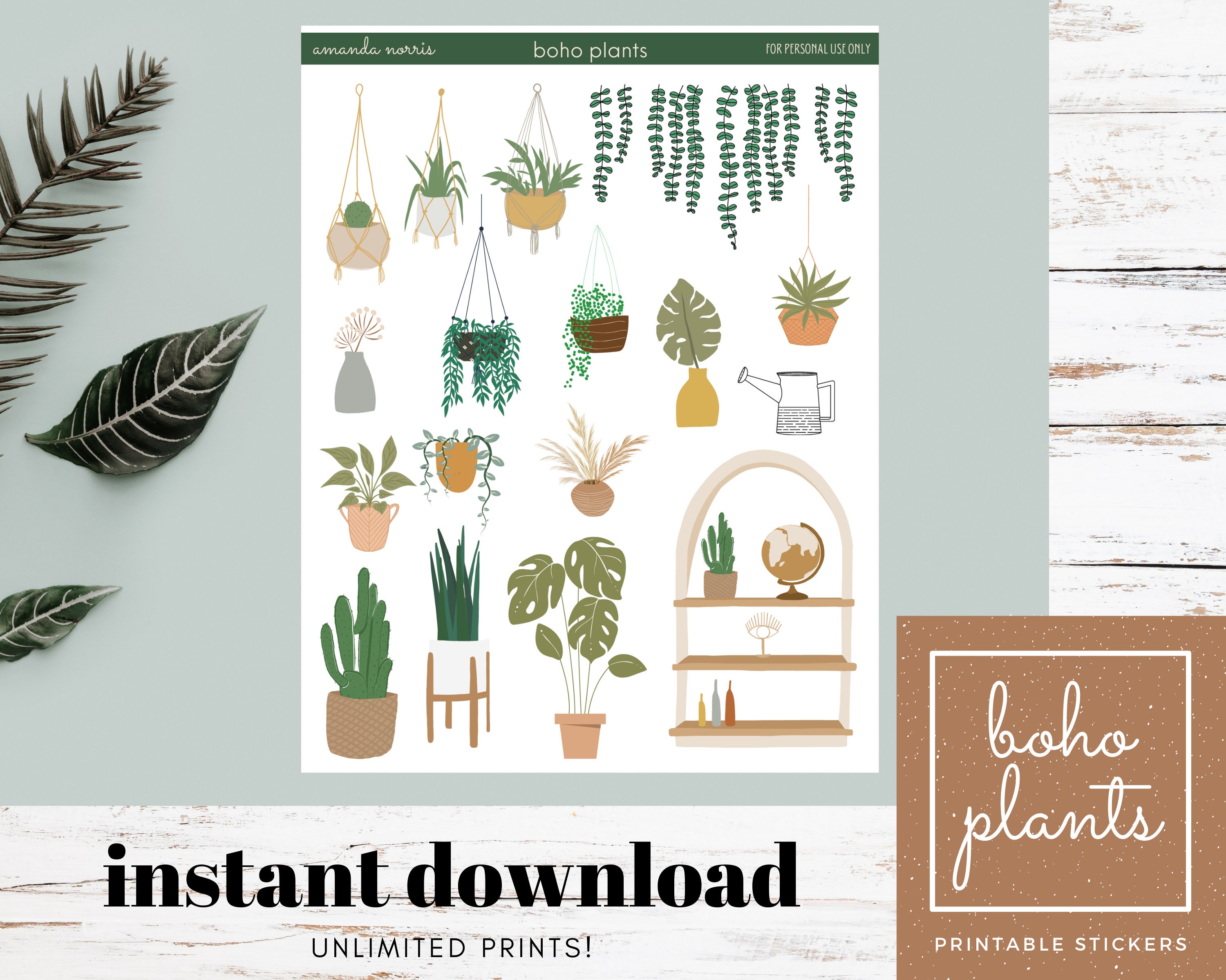 boho plants printable stickers planner bujo scrapbooking etsy