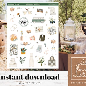 Etiquetas imprimíveis do casamento do Wildflower de Boho | Natural, Vintage, Retrô | Planejador, Bujo, Álbum de recortes, Planejador de casamento | DOWNLOAD DIGITAL INSTANTÂNEO