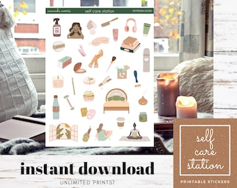 Autocollants imprimables self care station | Décor beauté et soins personnels | Calme, Neutre | Planificateur, Bujo, Scrapbooking | TÉLÉCHARGEMENT INSTANTANÉ NUMÉRIQUE