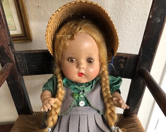 Vintage Composition Doll, Circa 1937, Blond Braided Hair and Original Straw Bonnett Comes with 21 Handmade Doll Clothes