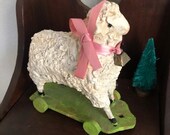 Vintage Folk Art Reproduction Sheep Pull Toy, Signed Dorothy Ross with Pink Bow and Bell