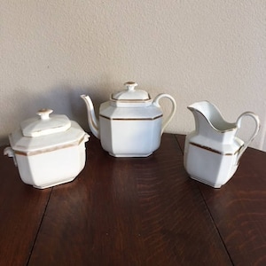 Antique Tea Set, Large Tea Pot, Creamer and Sugar Bowl.  Gold Trimmed. Records Say Haviland--But No Stamp, Hand Written Marks