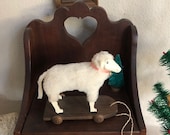 Vintage Reproduction Putz Sheep Pull Toy, Signed Twins, 1992, Primitive Folk Art Reproduction Sheep