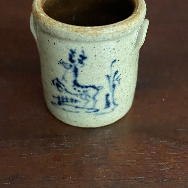 Vintage Reproduction Mini Salt Glazed Crock Signed by Jane Graber, 1986 Reindeer Design