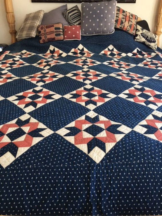 Beautiful "star Of Mary Quilt" Red White & Blue Handmade Quilt From Pennsylvania