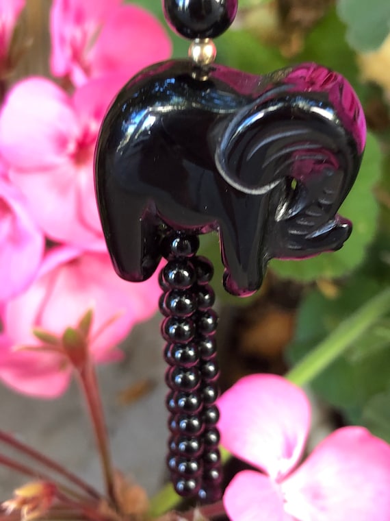 Black Onyx Elephant and Bead Necklace, 30" Beaded… - image 1