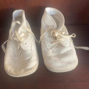 Vintage Leather Baby Shoes. White with Laces and Punched Pattern on Toes