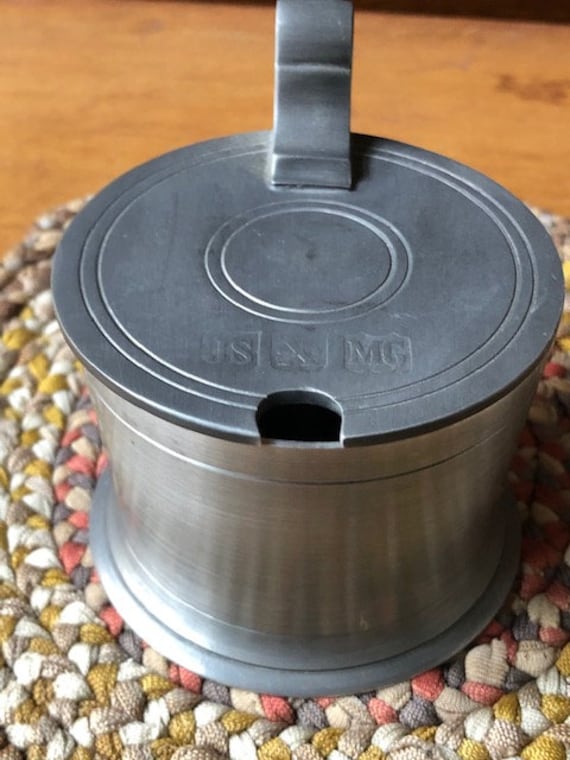 Vintage Pewter Mustard Pot and Spoon, John Somers, Brazil, Marked