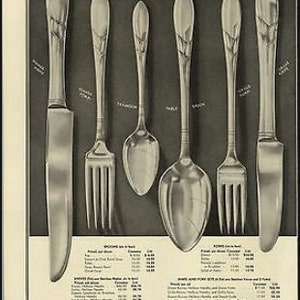 May include: A vintage advertisement for Community Plate silverware featuring a set of six pieces: a knife, fork, teaspoon, tablespoon, and two dinner forks. The ad features the text "Community Plate 50 Year Replacement Guarantee Lady Hamilton Design".