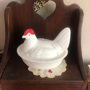Vintage Milk Glass Chicken on Nest, Hen Candy Dish, Farmhouse Style