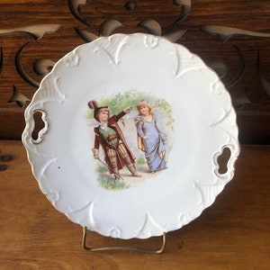 Antique Cake Plate, 9&quot; Vintage Serving Plate with Hunting Prince Boy and Princess Girl