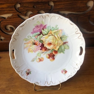 Antique/vintage Rose Cake Plate or Serving Plate, 9.5 Inches with Painted Roses and Gold Accents, Marked 49 on the Back