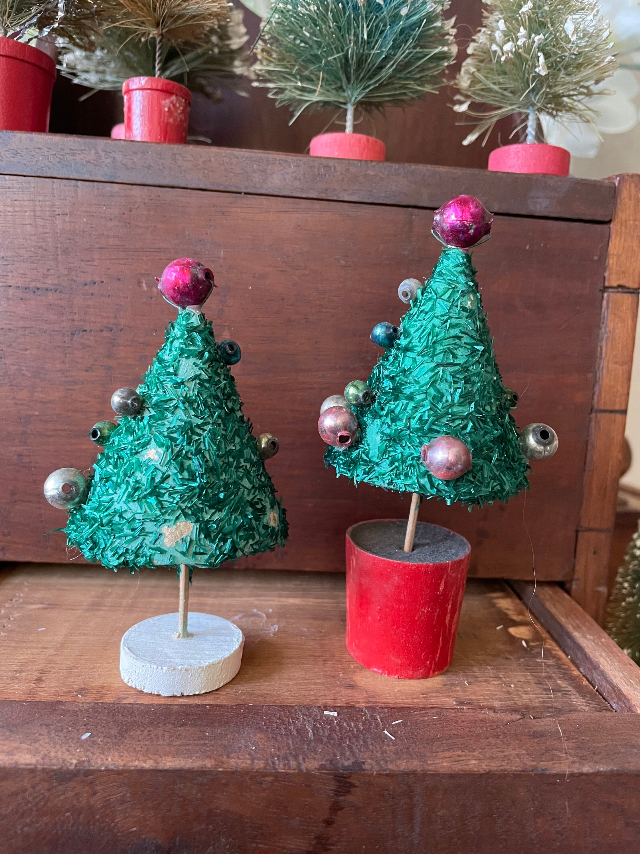 Vintage Paper Mache Trees With Glass Ornaments Flecked With Etsy