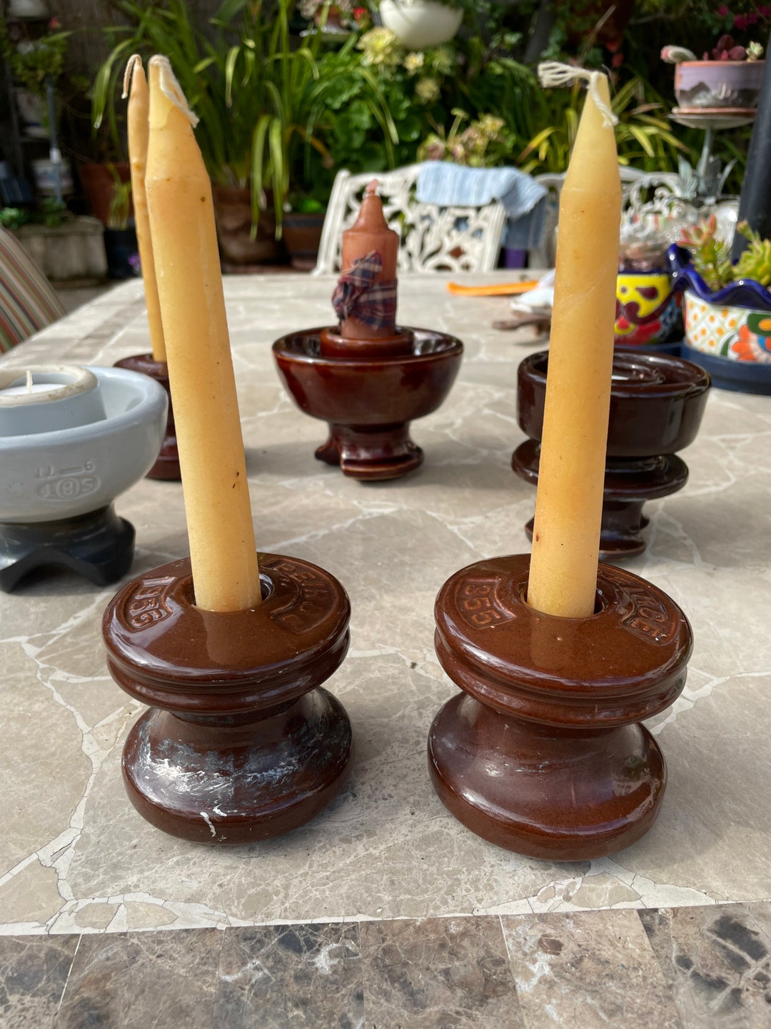 Pair of Vintage Pierce 355 Brown Glazed Porcelain Spool Insulators