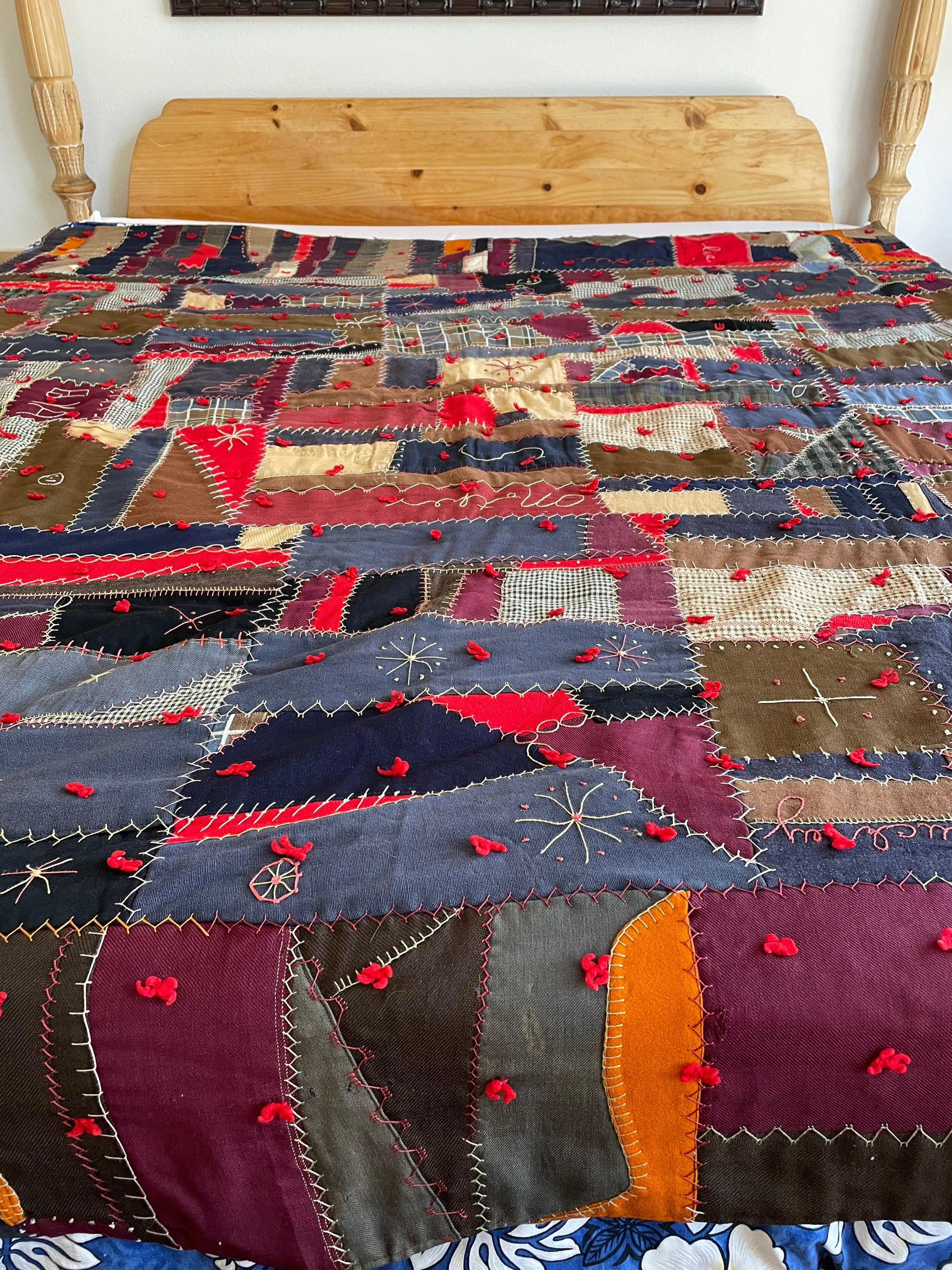Authentic 1919 Hand-sewn Wool Crazy Quilt: Family History, 70