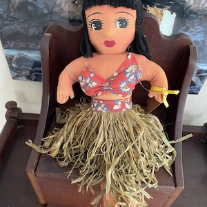 Vintage Hawaiiana Hula Girl Doll,  Cloth Doll with Painted Face and Cotton Batting, Circa Estimated 1950’s