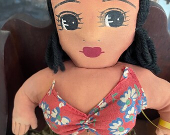 Vintage Hawaiiana Hula Girl Doll, Cloth Doll With Painted Face and