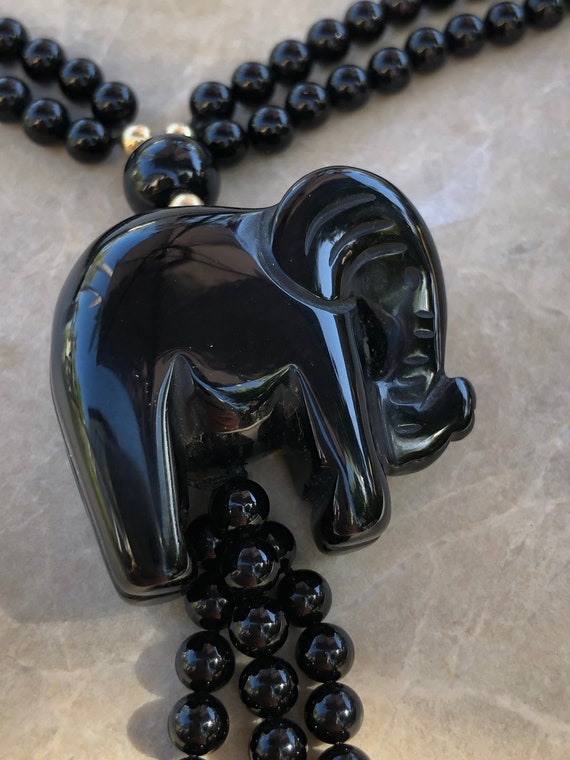 Black Onyx Elephant and Bead Necklace, 30" Beaded… - image 3