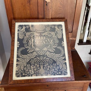 Antique Framed Coverlet Block, Blue and Beige Woven with Peacocks Feeding Chicks in Nest