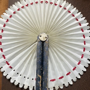 Antique Victorian Folding Round Hand Fan with Paper Fan, Red Velvet Ribbon, Blue Wood Handles and Brass Clip