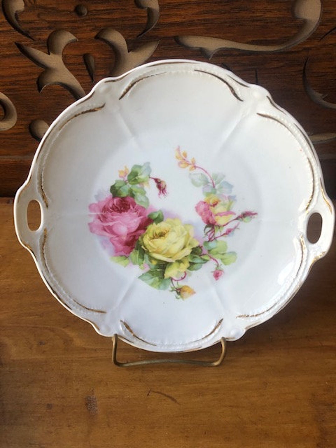 Beautiful Hand Painted Antique Cake or Serving Plate, Yellow and
