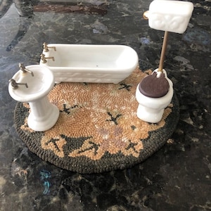 Vintage Porcelain Doll House Bathroom with Old Fashioned Toilet with Opening Lid, Sink and Bathtub