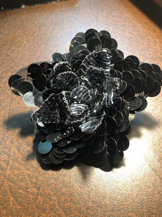 Vintage Black Flower Sequin and Bead Brooch or Pin