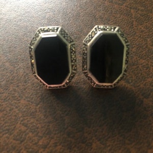 Vintage Marcasite and Sterling Silver Post Earrings with Black Stone (Likely Onyx)