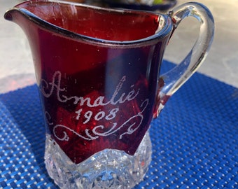 Antique Souvenir Red and Clear Ruby Glass Creamer, Inscribed Amalie 1908