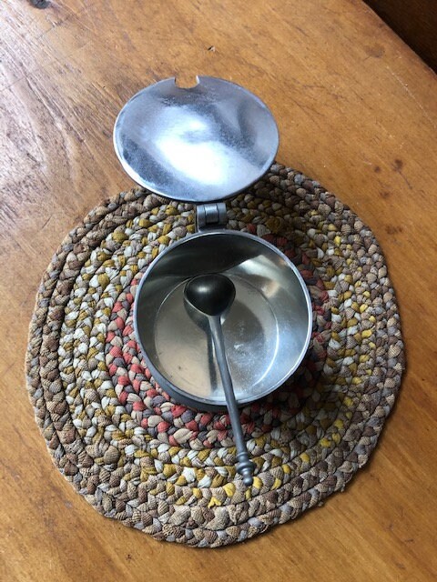 Vintage Pewter Mustard Pot and Spoon, John Somers, Brazil, Marked