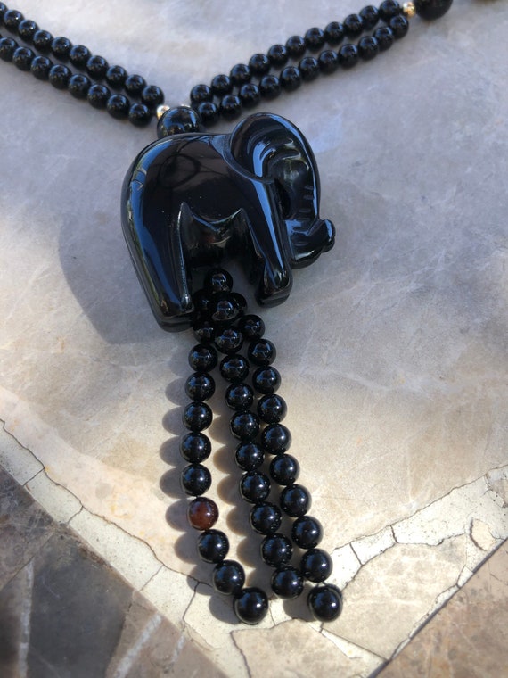 Black Onyx Elephant and Bead Necklace, 30" Beaded… - image 4