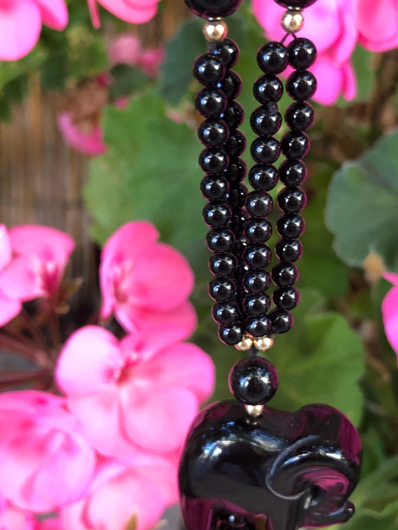 Black Onyx Elephant and Bead Necklace, 30" Beaded… - image 7