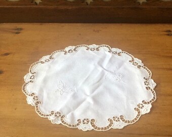 Vintage Embroidered Linen Butterfly Doily, Oval Shape-Gift with Purchase