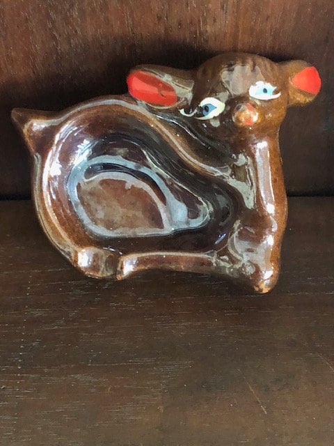 Vintage 1950s Brown Lusterware Deer Clay Figural Ashtray, Made in