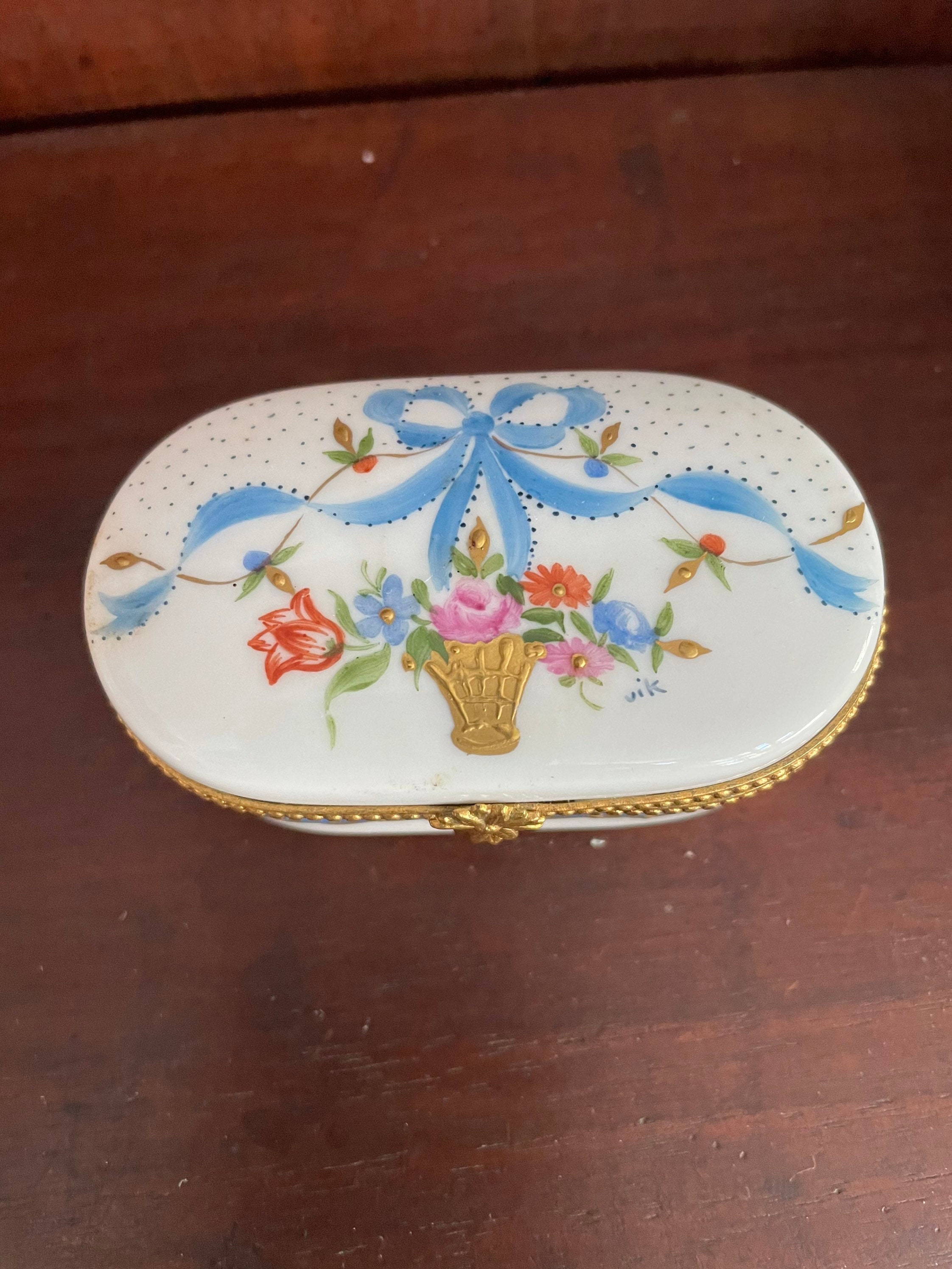 Vintage Limoges France Box With Hand-painted Basket of Flowers