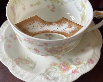 Antique Haviland Limoges Mustache Cup, Saucer, Princess Pattern from the Early 1900s, Pink Flowers, Includes Two Saucers