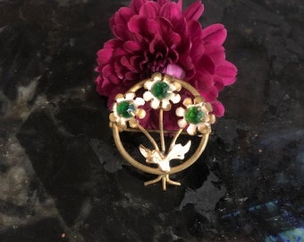 Vintage Flower Pin with Three Green Stones, Vintage Costume Jewelry Brooch