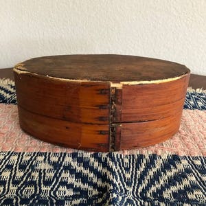 Antique Primitive Wood Butter Box, Oval with Laced Fingers Sewn Joints